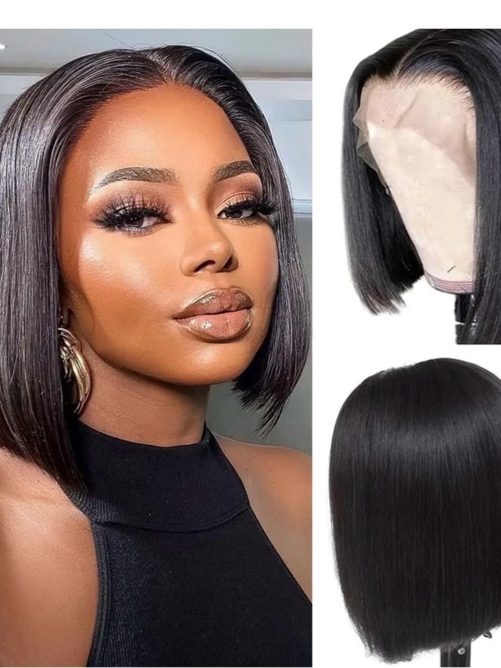 Premium black straight bob lace front wig with a sleek, silky look. Natural-look
